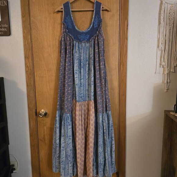 Free People Lost Palms Craft Mixed Print Patchwork Maxi Dress Womens Large Blue - Picture 5 of 7